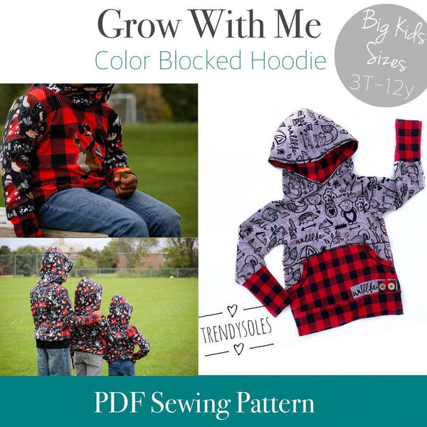 Big Kids Color Blocked Hoodie Grow With Me Hoodie - PDF Apple Tree Sewing Pattern